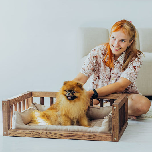 A handcrafted wooden dog bed featuring a sturdy rectangular frame with smooth edges and a natural wood finish. The bed includes a plush, soft pillow in a neutral tone, perfectly fitted for the frame, offering a cozy and stylish resting space for pets.