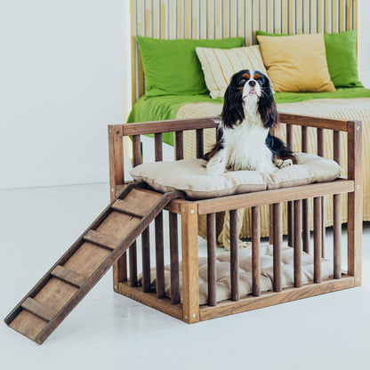 Stylish and functional elevated dog bed with stairs, designed for ultimate pet comfort and convenience.