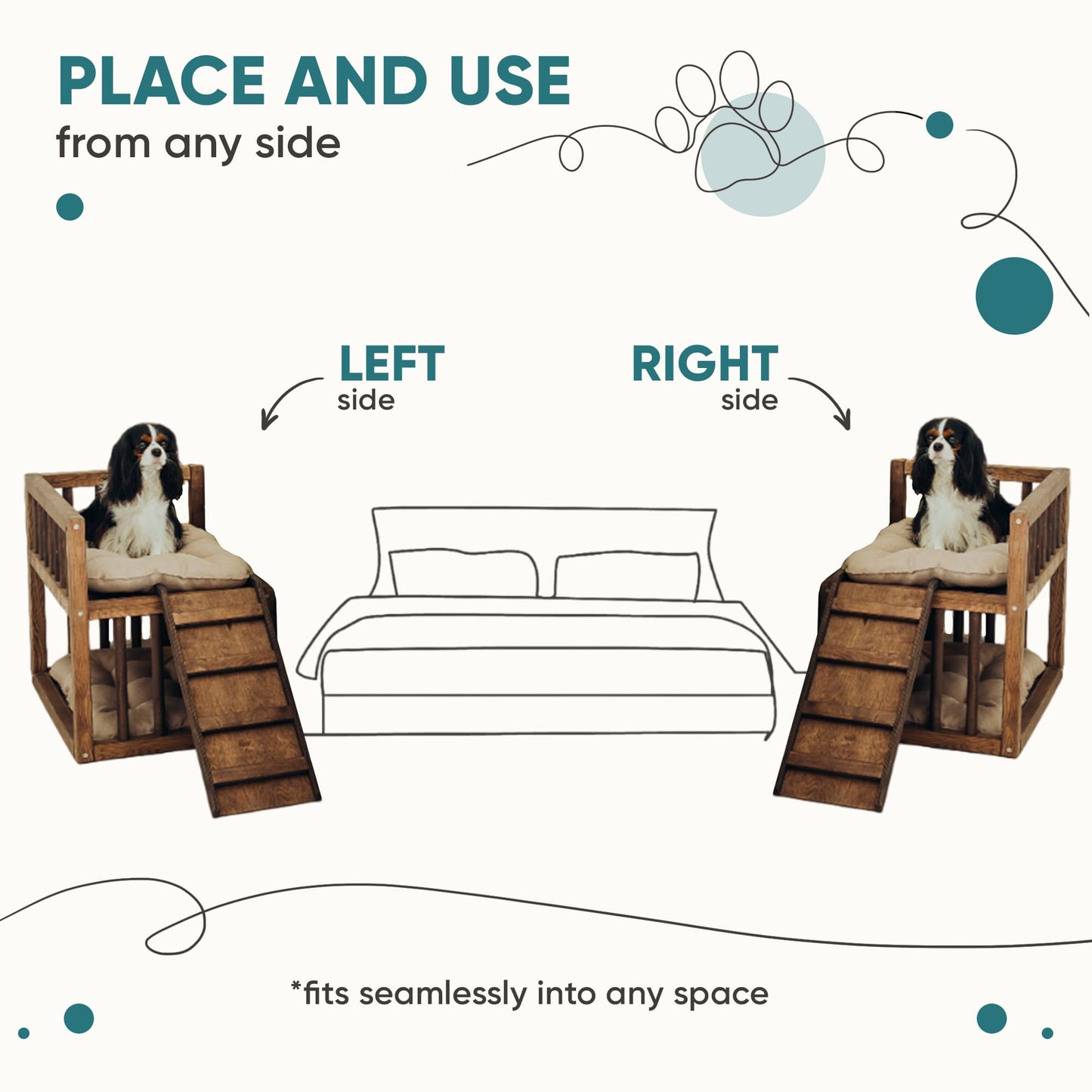 A dual-sided dog bed platform placed next to a bed, offering a cozy and convenient sleeping space for your pet