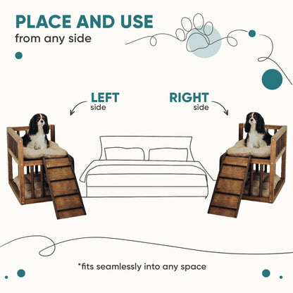 A dual-sided dog bed platform placed next to a bed, offering a cozy and convenient sleeping space for your pet